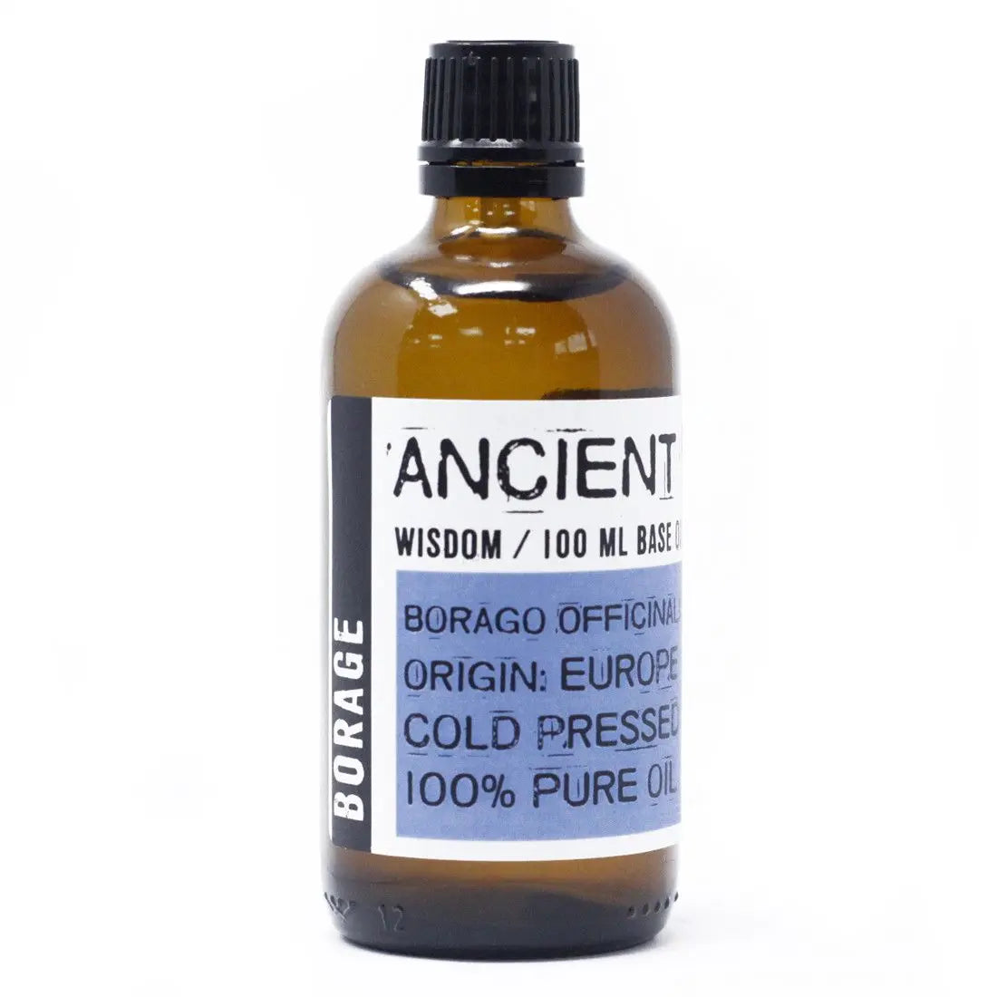 Frasco de vidrio ámbar de 100 ml con tapa negra y etiqueta blanca, conteniendo aceite de borraja de prensado en frío.