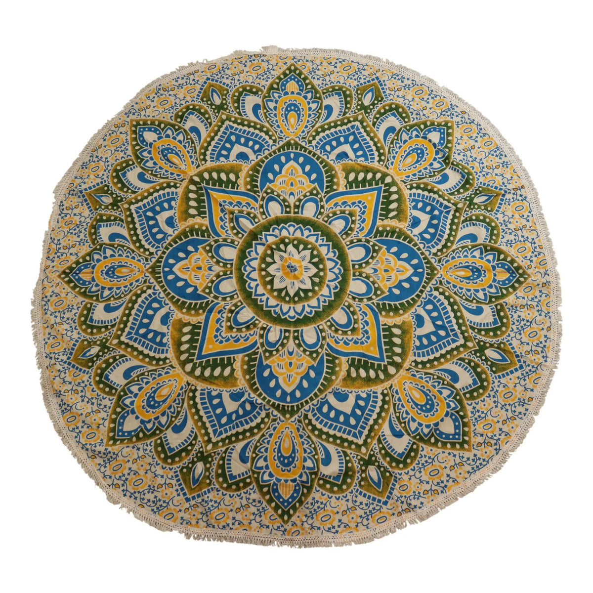 Tapiz redondo de algodón (180cm) con estampado de mandala en tonos azul, amarillo y verde, con bordes de flecos.