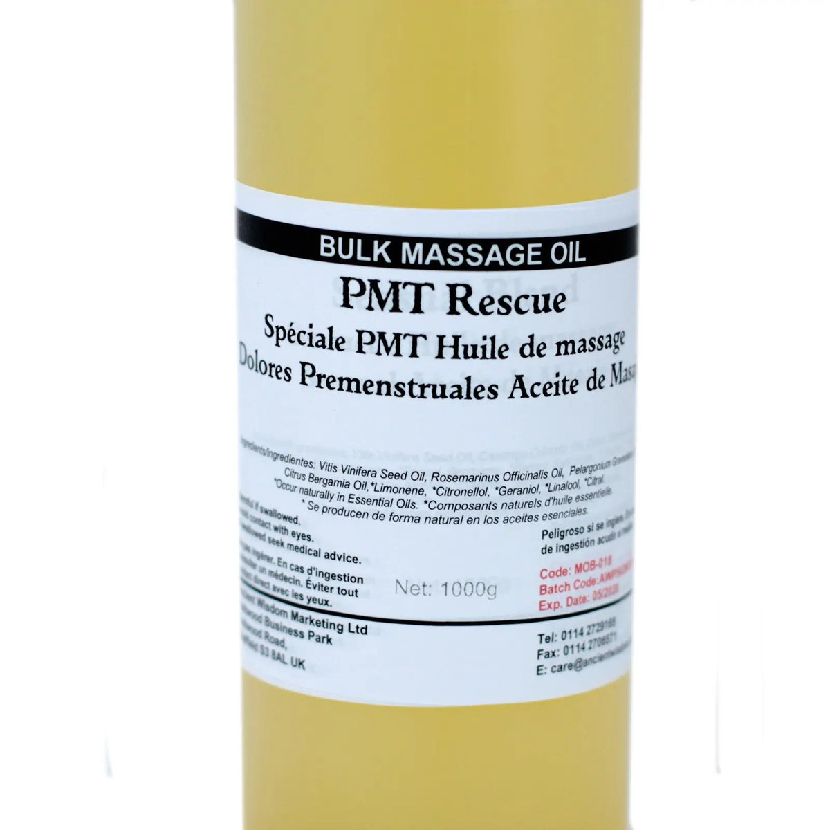 Envase cilíndrico de 1 litro con aceite de masaje amarillo y etiqueta blanca con texto informativo.