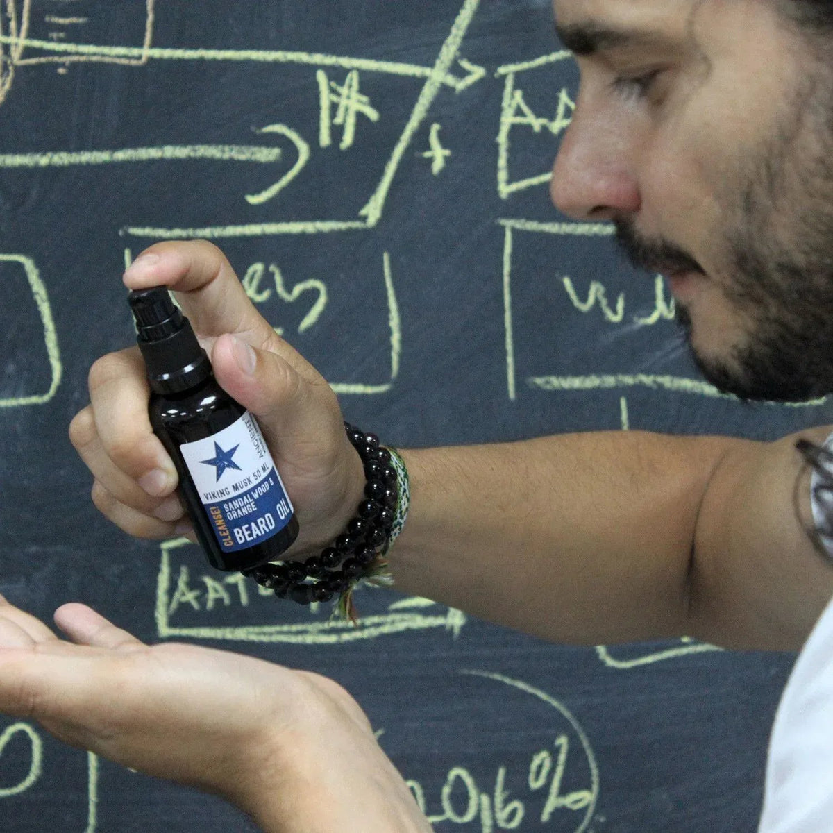 Hombre aplicando aceite para barba Ancient Wisdom (50ml) de frasco negro con atomizador sobre pizarra con tiza.