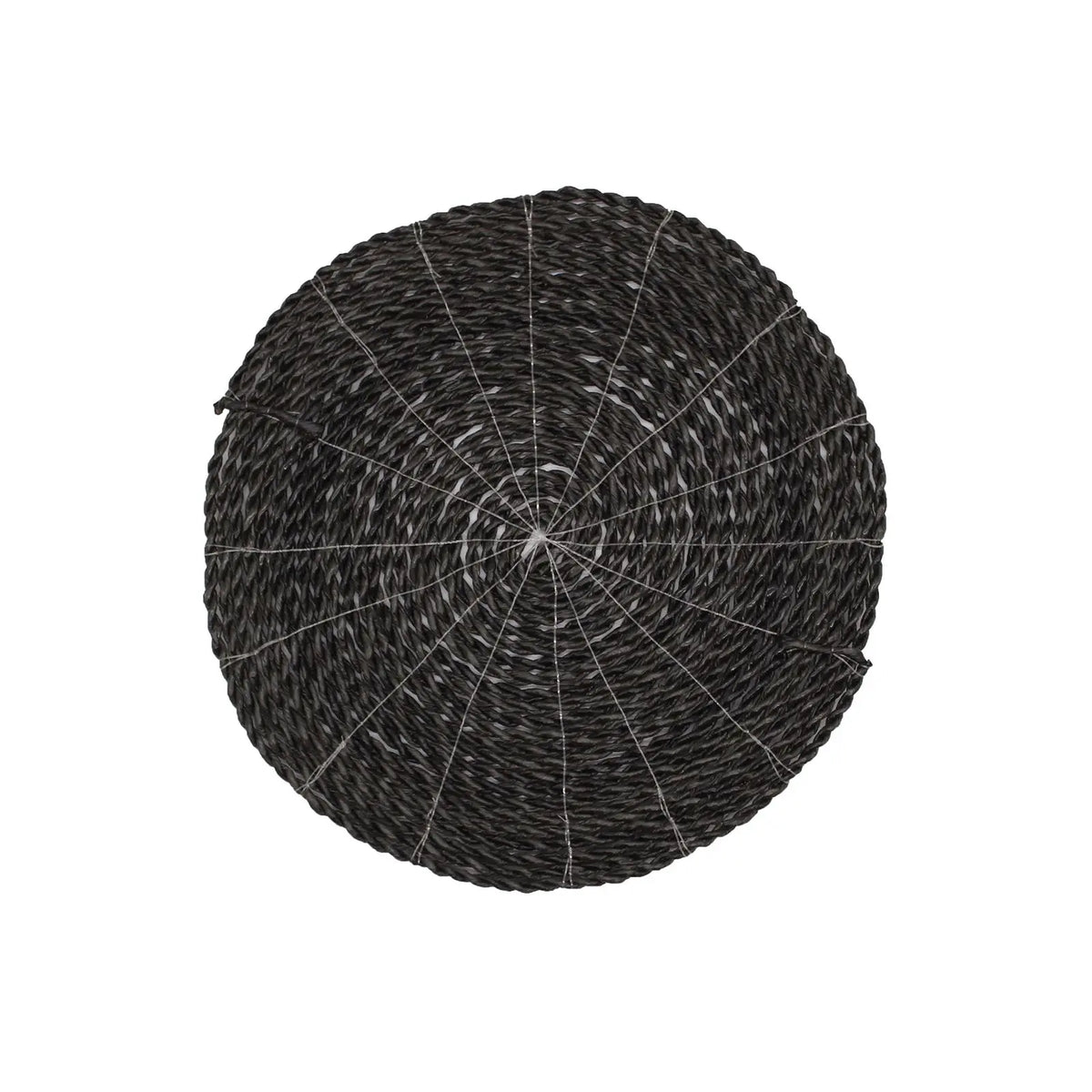 Alfombra circular de yute negro trenzado, estilo bohemio, perfecta para decorar espacios modernos.
