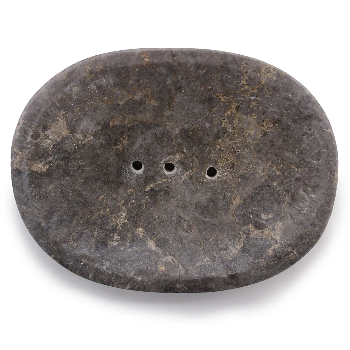 Jabonera ovalada de mármol gris con textura natural y tres orificios de drenaje. Estilo clásico de Ancient Wisdom.