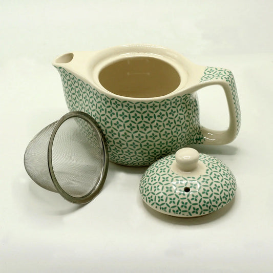Tetera de cerámica 350ml con patrón de mosaico verde, incluye tapa y filtro de acero inoxidable.