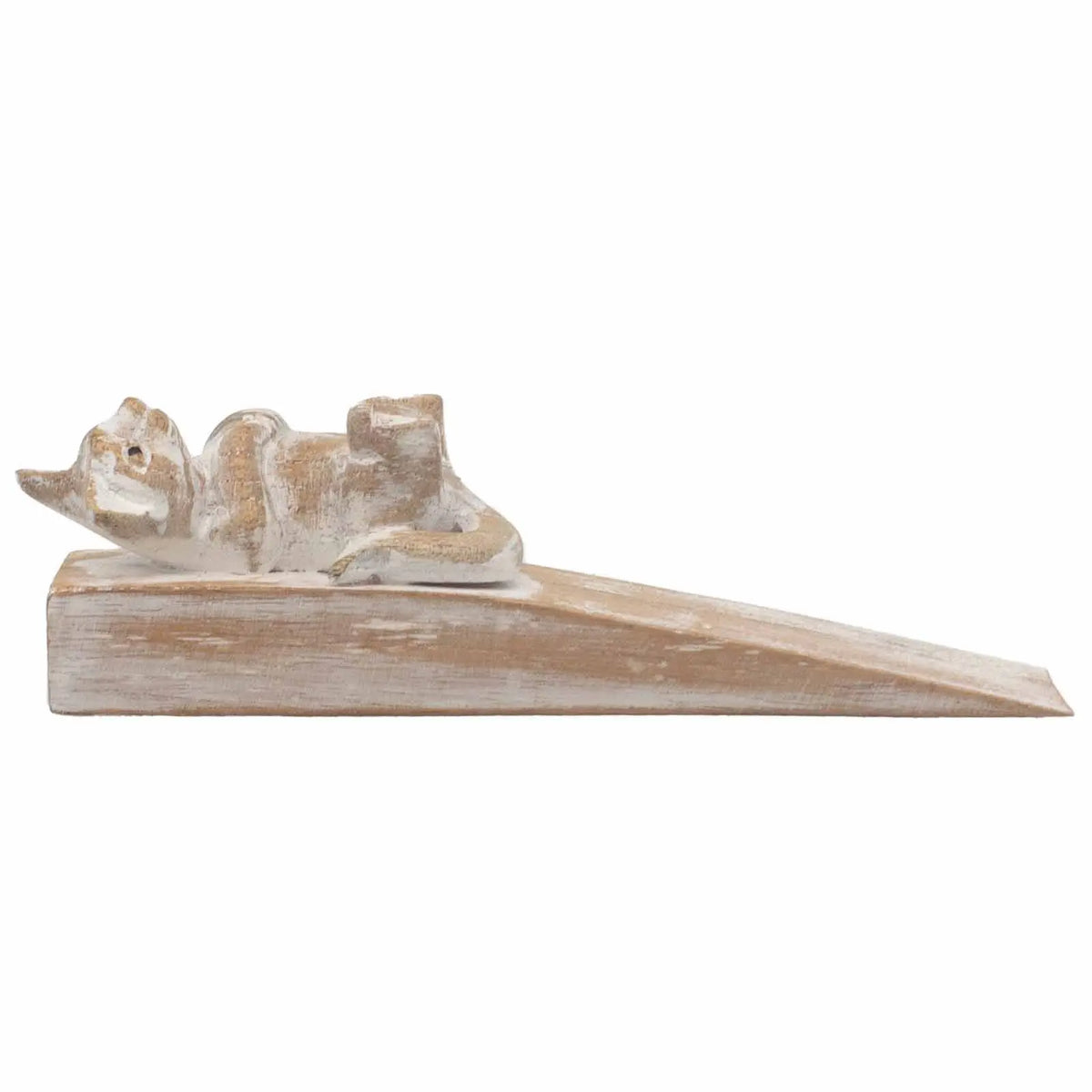Tope de puerta de madera en forma de cuña con un gatito tallado a mano en acabado rústico de tono blanco y marrón.