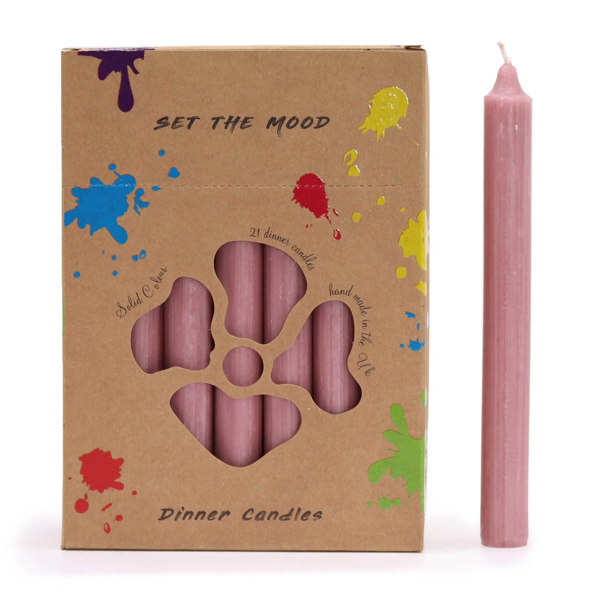Pack de 21 velas de mesa cilíndricas, color rosa rústico, presentadas en caja de cartón con ventana troquelada.