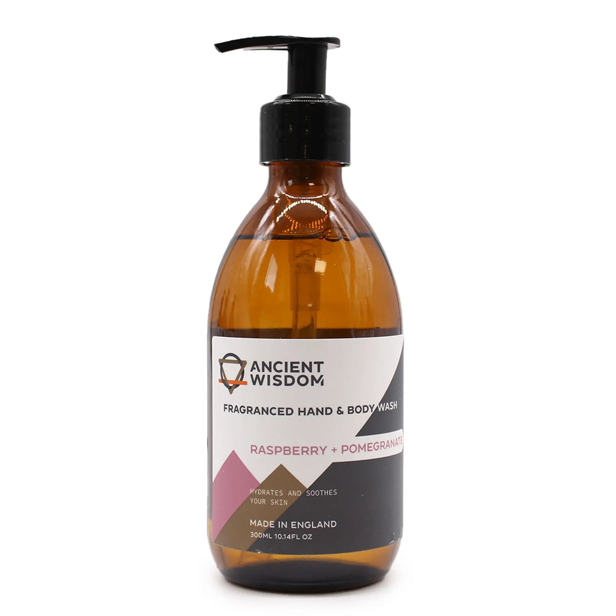 Jabón líquido Ancient Wisdom de 300ml en botella de vidrio ámbar con dosificador negro y etiqueta de frambuesa y granada.