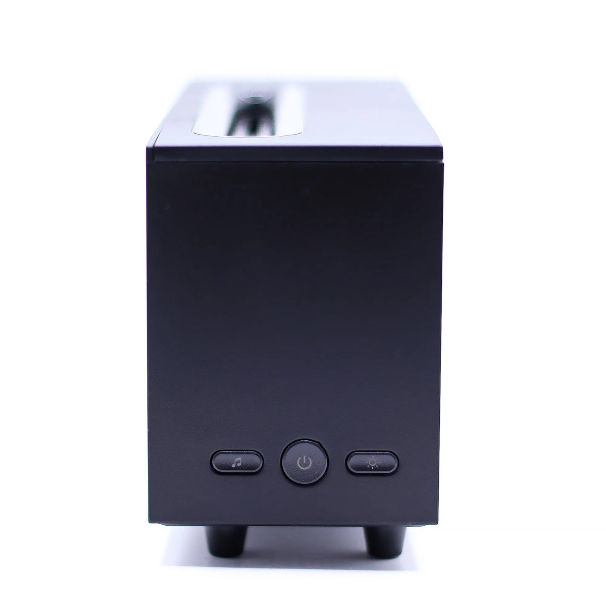 Difusor de aroma negro rectangular, material plástico, con botones de control para sonido, encendido y luz.
