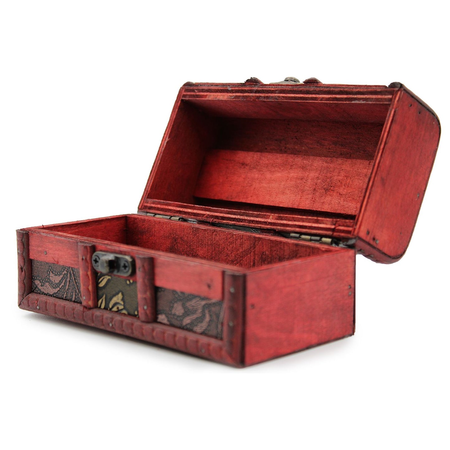Caja de madera roja decorativa con detalle en el interior, estilo vintage, ideal para guardado de joyas.