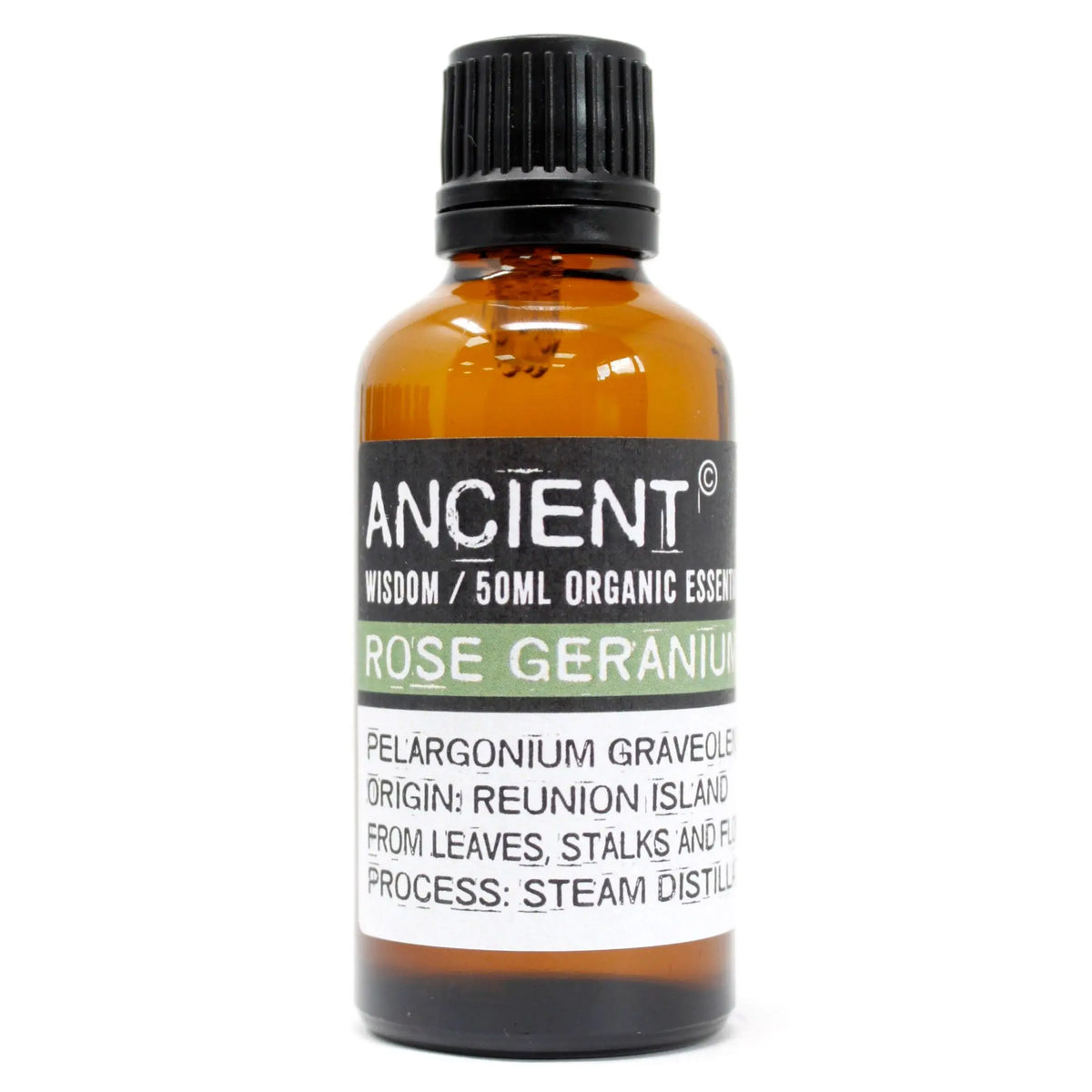 Frasco de vidrio ámbar de 50ml con tapa negra y etiqueta de Ancient Wisdom para aceite esencial de geranio rosa.