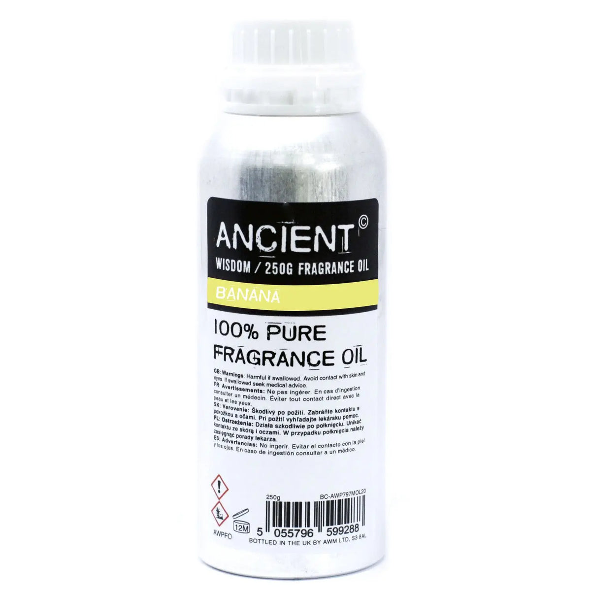 Botella de aluminio de 250g con aceite de fragancia de banana, etiqueta blanca con texto negro y detalle amarillo.