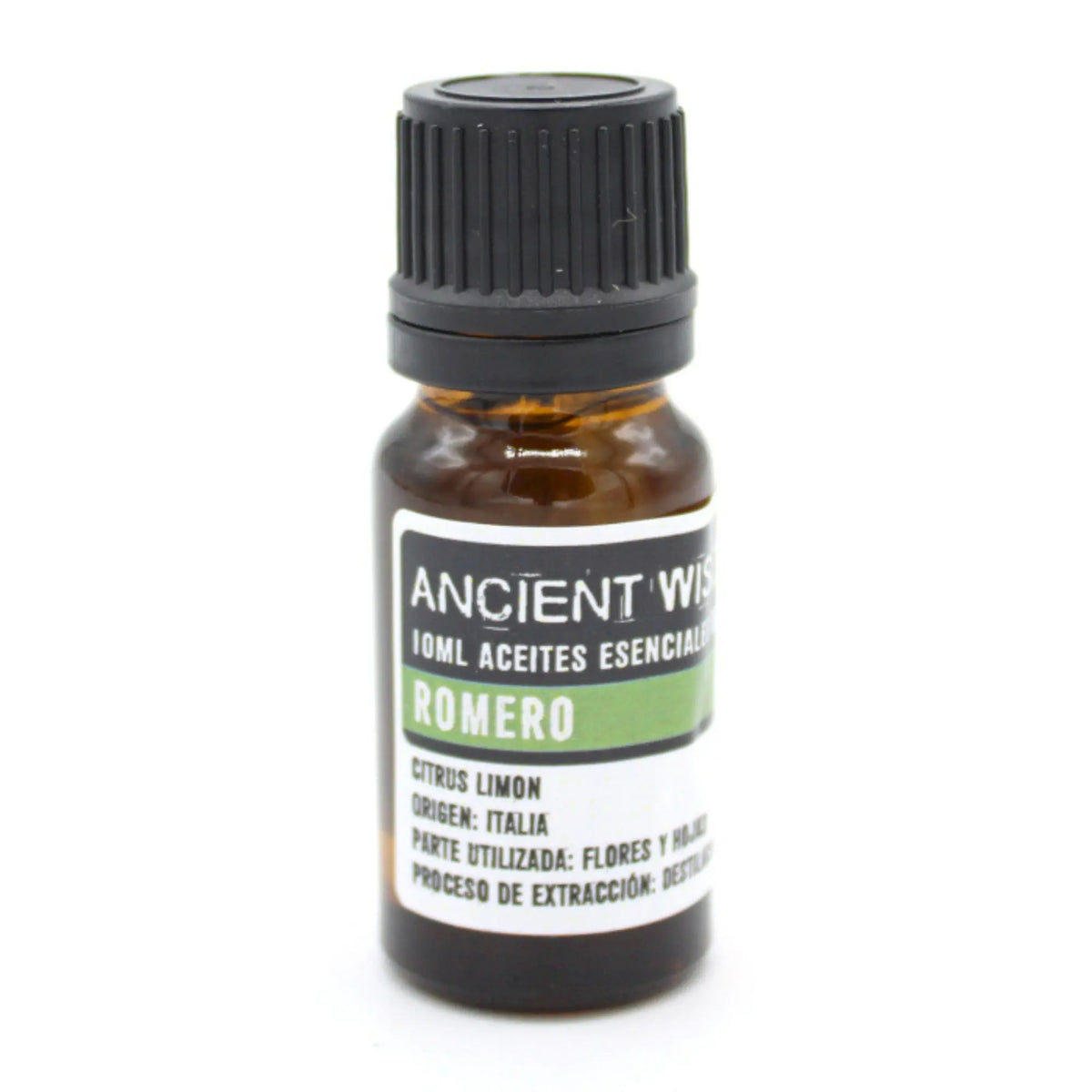 Frasco de vidrio ámbar de 10ml con tapa negra y etiqueta blanca que indica aceite esencial de romero sobre fondo blanco.