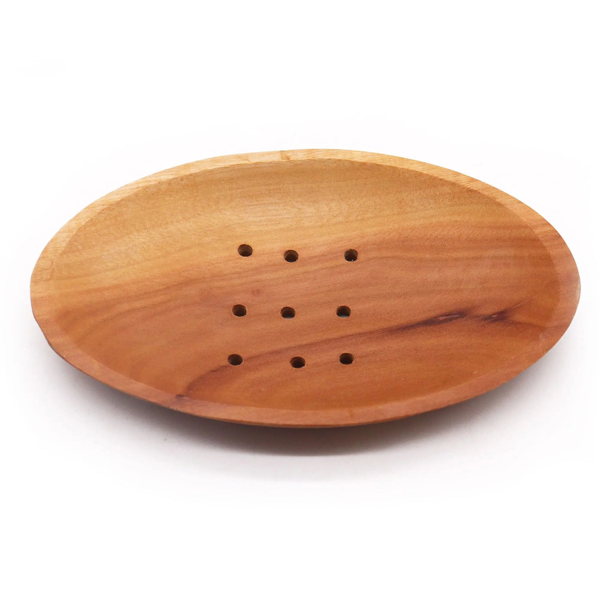 Jabonera ovalada de madera de caoba color natural con orificios de drenaje. Diseño clásico Ancient Wisdom.