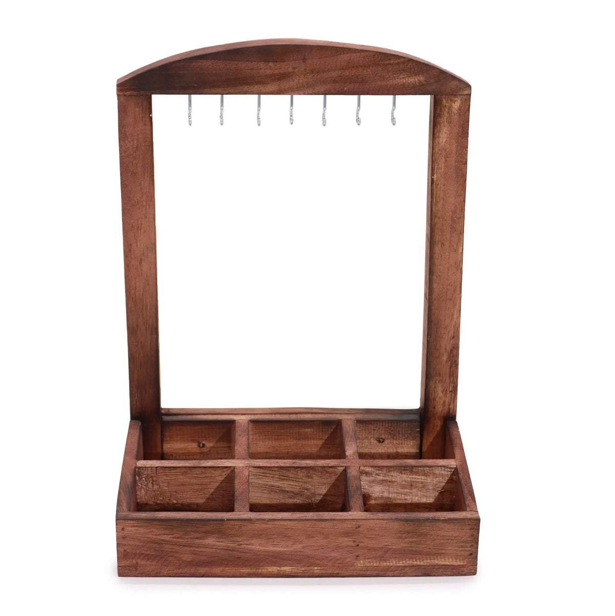 Exhibidor Ancient Wisdom de madera oscura con soporte colgante y bandeja de 6 compartimentos para organizar accesorios.