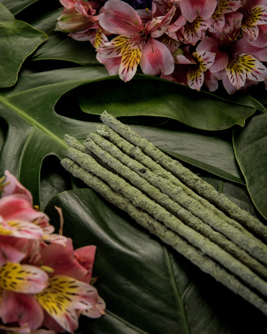 Varillas de incienso verde con textura rugosa sobre hojas de monstera y flores rosadas con detalles amarillos.