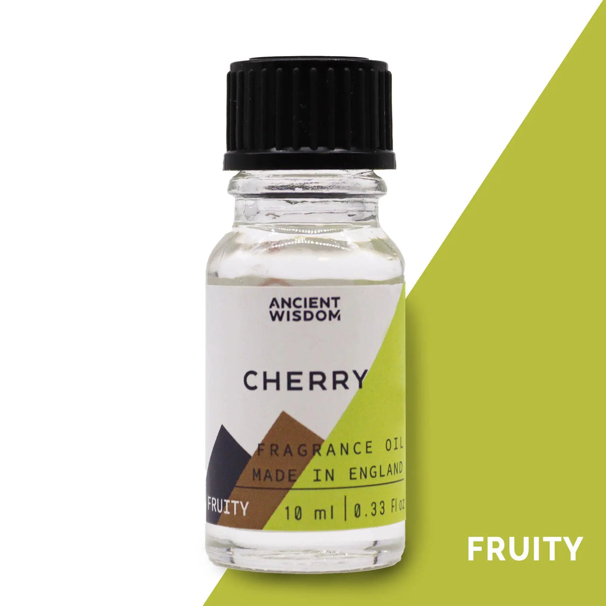 Frasco de cristal de 10ml con tapa negra y etiqueta blanca, verde y marrón, con la inscripción "Cherry Fragrance Oil".