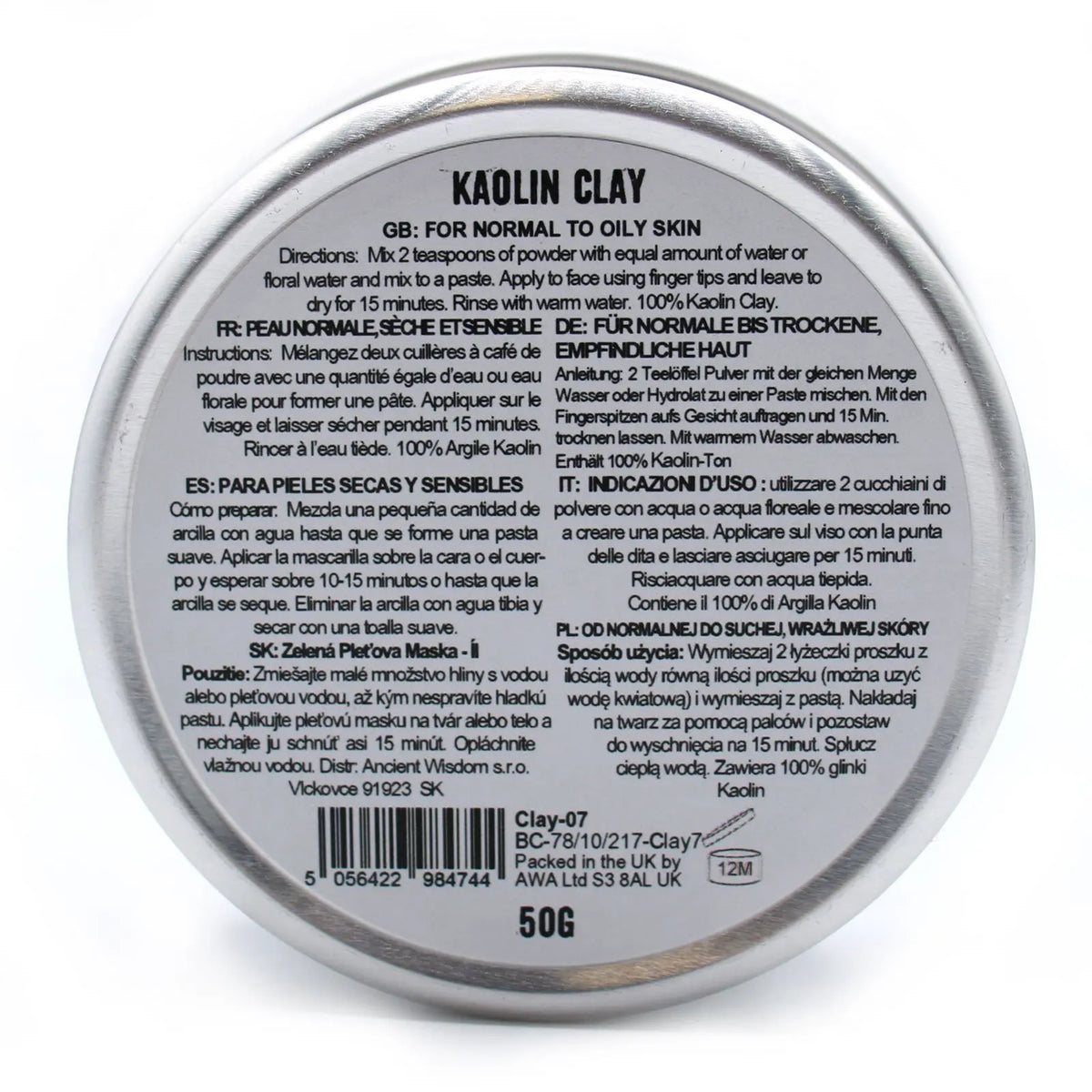 Envase redondo metálico de 50g con etiqueta informativa multilingüe sobre arcilla de caolín para mascarillas faciales.