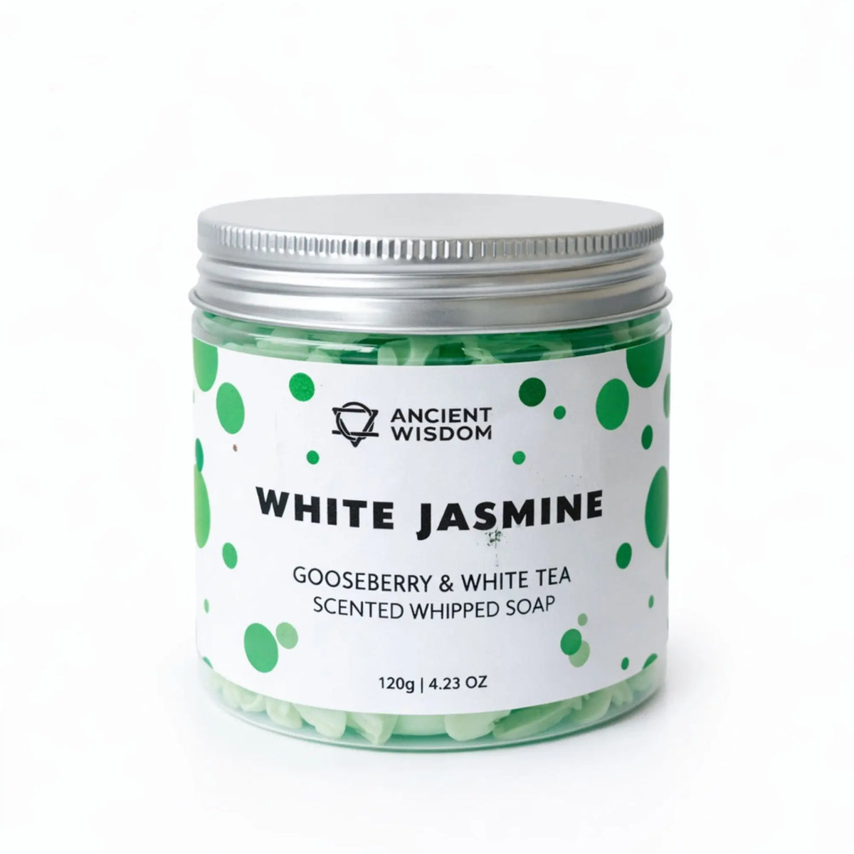 Jabón batido perfumado "Jazmín Blanco" con té blanco y grosella, en frasco metálico verde y blanco de 120g.
