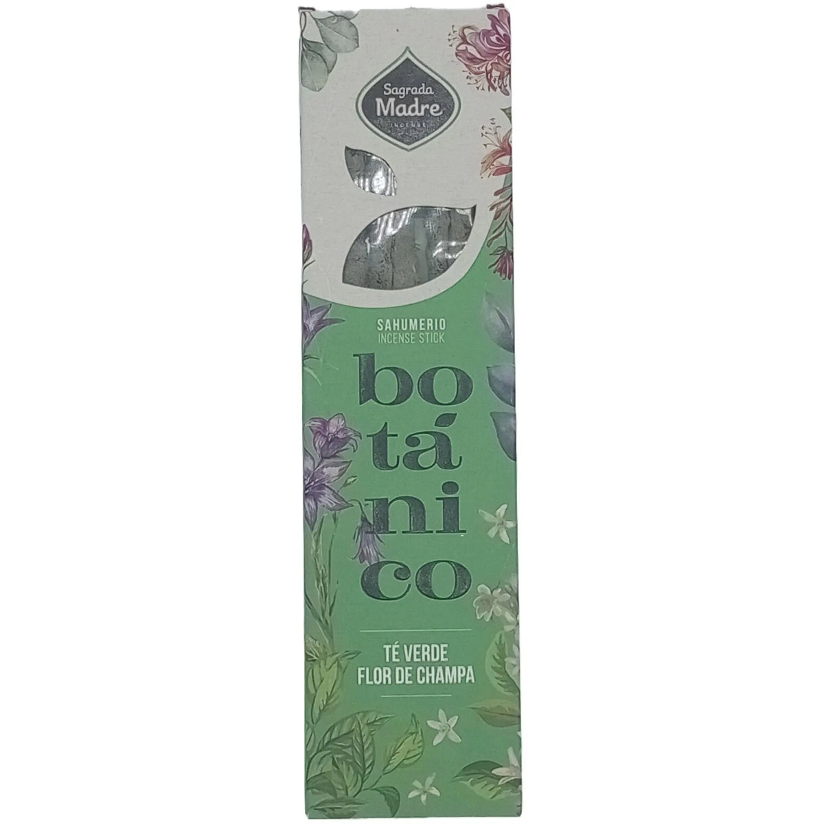 Caja rectangular de sahumerios, color verde con ilustraciones botánicas de flores y hojas, texto impreso y visor central.