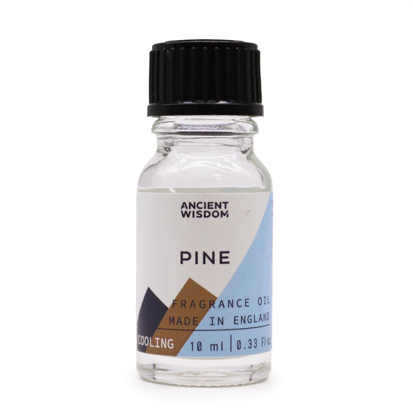 Frasco de vidrio transparente de 10 ml con tapa negra y etiqueta frontal con diseño de montañas y texto "PINE".