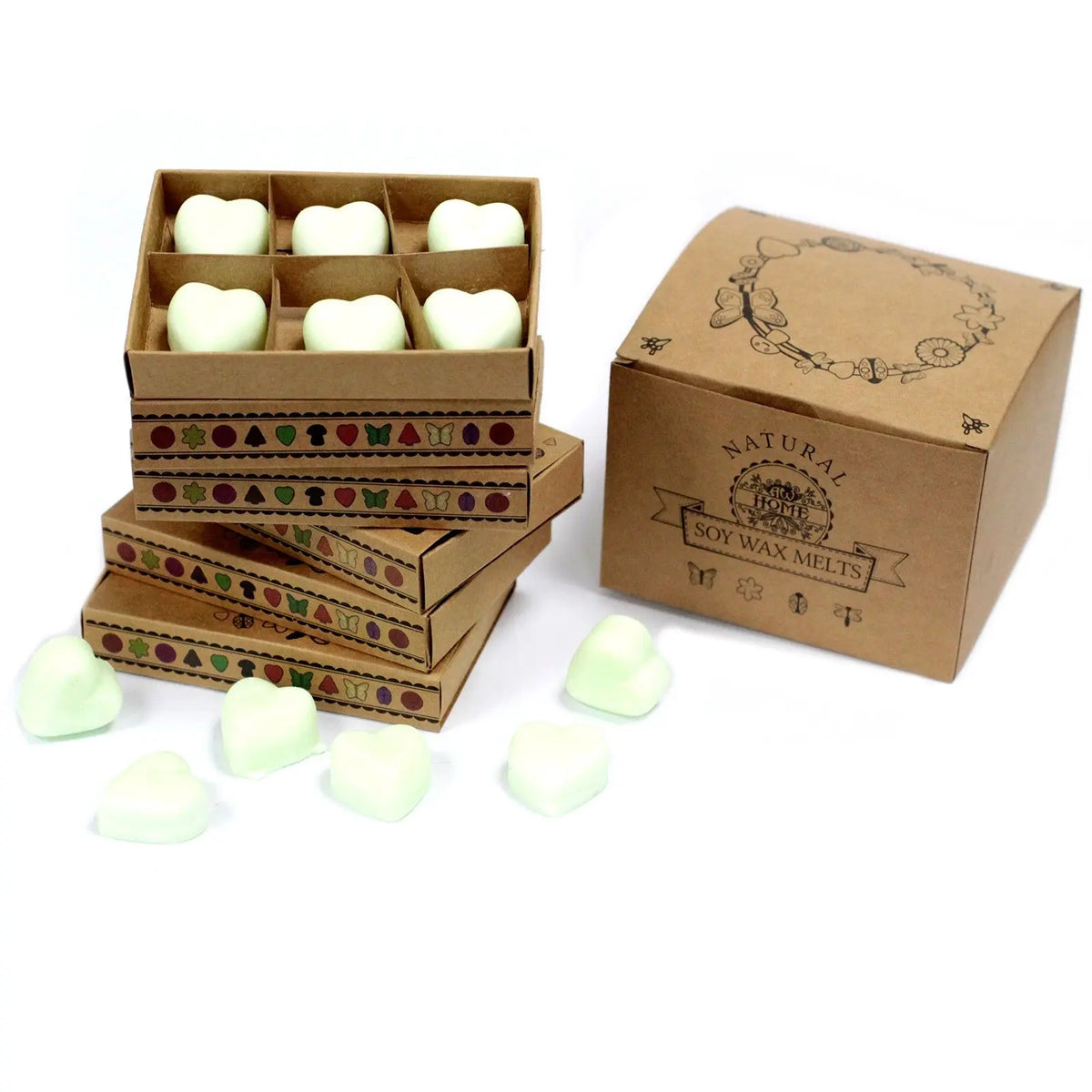 Caja de regalo con 6 ceras de soja verde claro en forma de corazón y estuches de cartón kraft decorados.