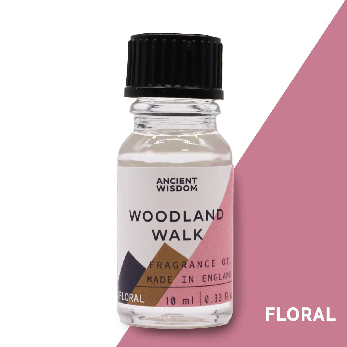 Frasco de vidrio de 10 ml con aceite aromático, tapón negro y etiqueta con diseño geométrico en tonos rosa y marrón.