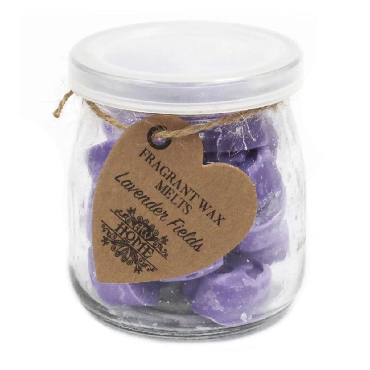 Frasco de vidrio con tapa conteniendo figuras de cera de soja color lavanda, con etiqueta de cartón en forma de corazón.