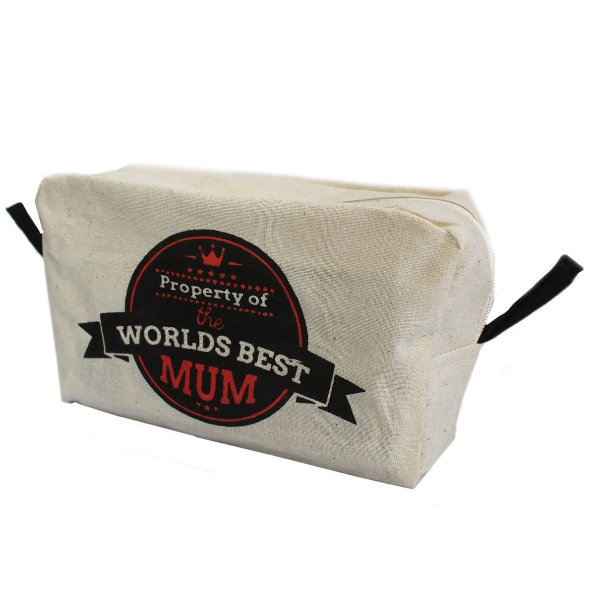 Neceser de algodón natural color beige con estampado circular negro y rojo que dice Property of the worlds best mum