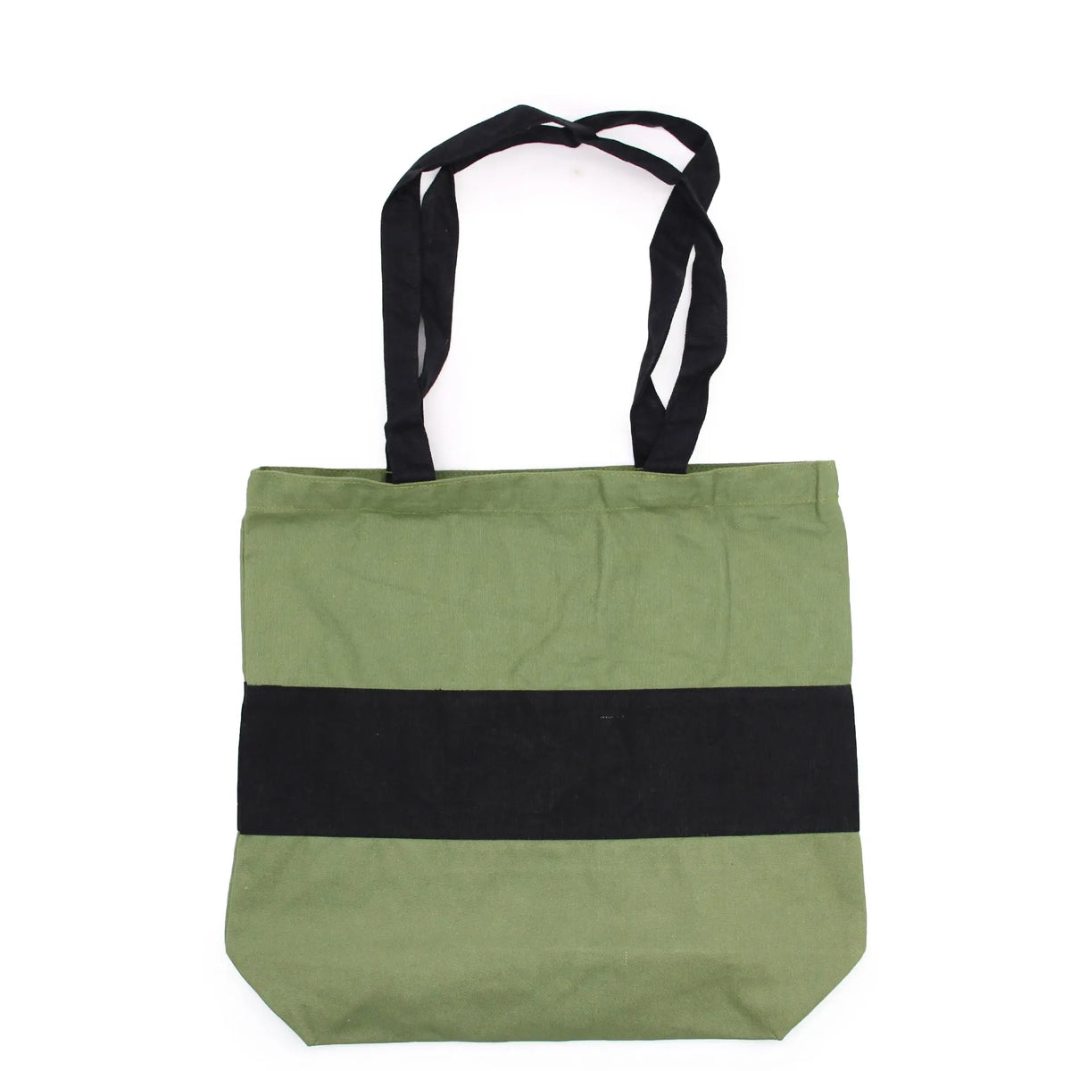 Bolsa de tela de algodón verde con una franja central negra y asas largas negras sobre fondo blanco.