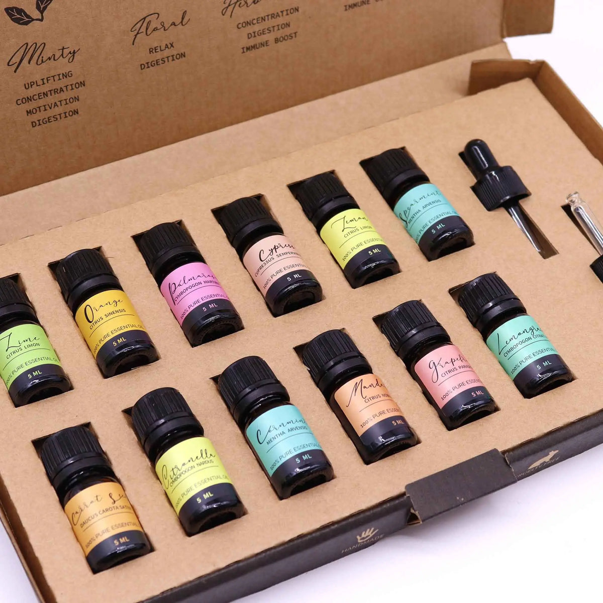 Set de 15 aceites esenciales en frascos de plástico negro, caja de cartón, colores pastel. Ideal para aromaterapia.