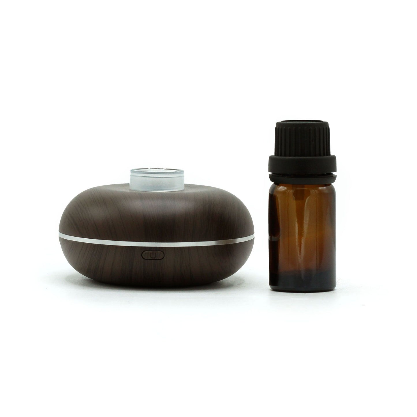 Mini difusor de aroma color madera oscura con botón táctil y frasco de aceite esencial, diseño compacto y moderno.