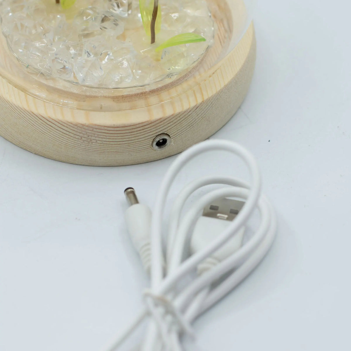 Domo Floral Glow con 2 dientes de león sobre cristales, base de madera clara, LED y cable USB blanco. Marca: Ancient Wisdom.