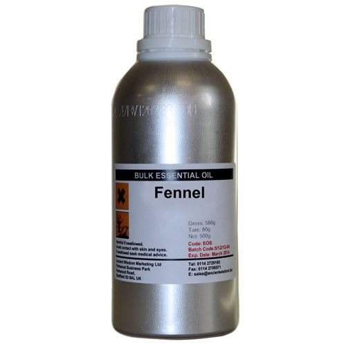 Aceite esencial de hinojo en botella de aluminio plata, 500 g, ideal para aromaterapia y cosmética natural.