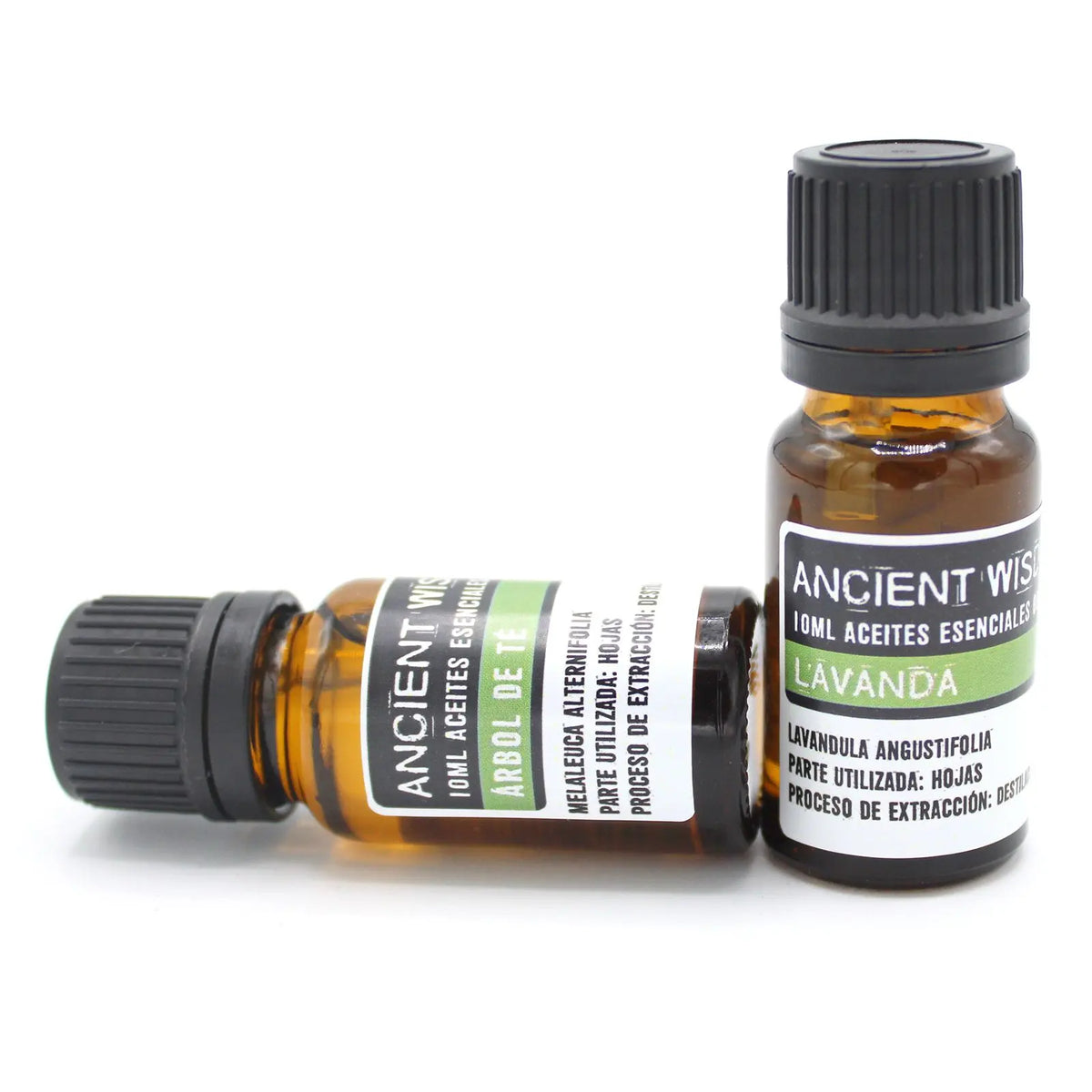Dos frascos pequeños de vidrio ámbar de 10ml con tapa negra y etiquetas blancas sobre fondo blanco.