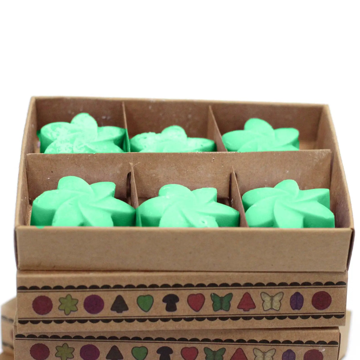 Caja de cartón con 6 ceras de soja verdes en forma de flor, decorada con motivos botánicos y coloridos en el borde.