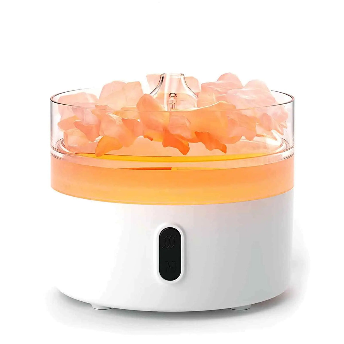 Difusor Ancient Wisdom con base blanca, sales del Himalaya rosadas y luz ámbar cálida con efecto de llama.