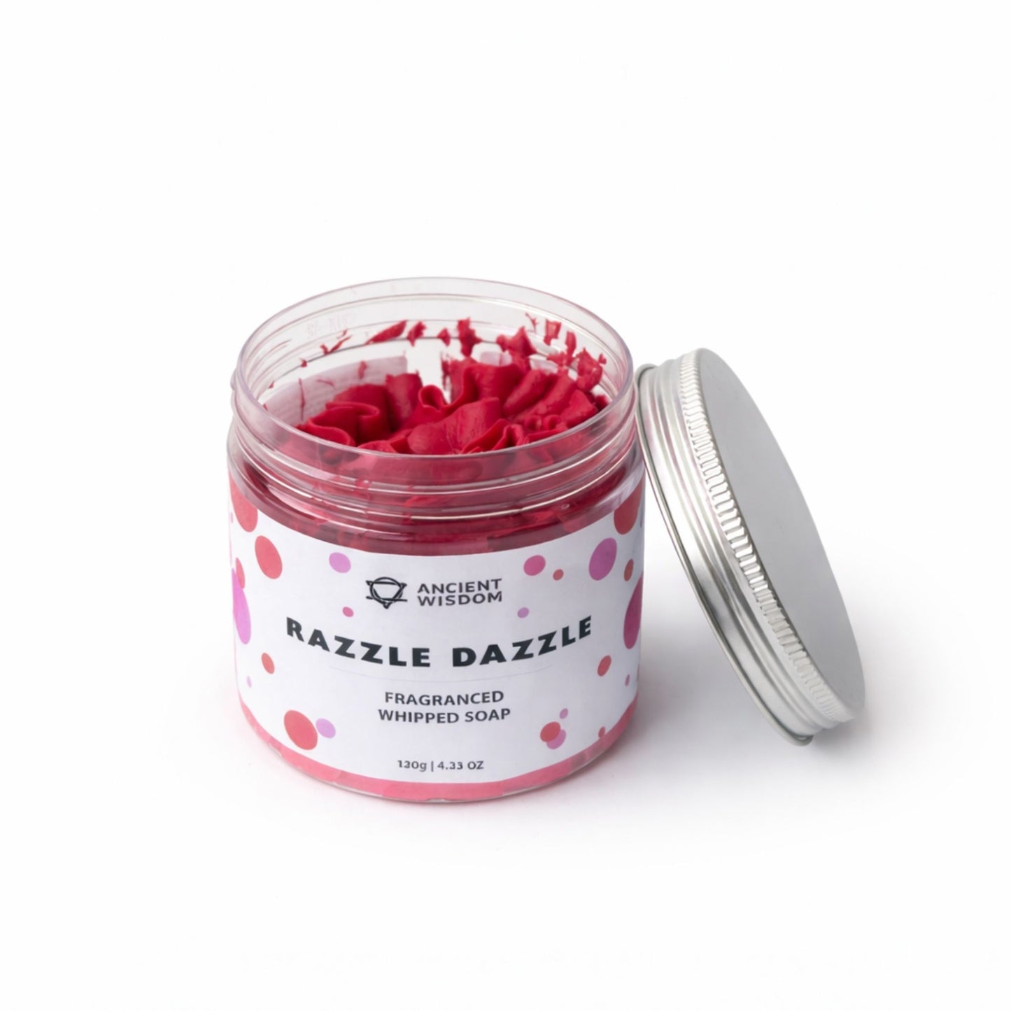 Jabón batido fragante "Razzle Dazzle" en frasco, color rosa vibrante, 130g, elegante tapa de metal.