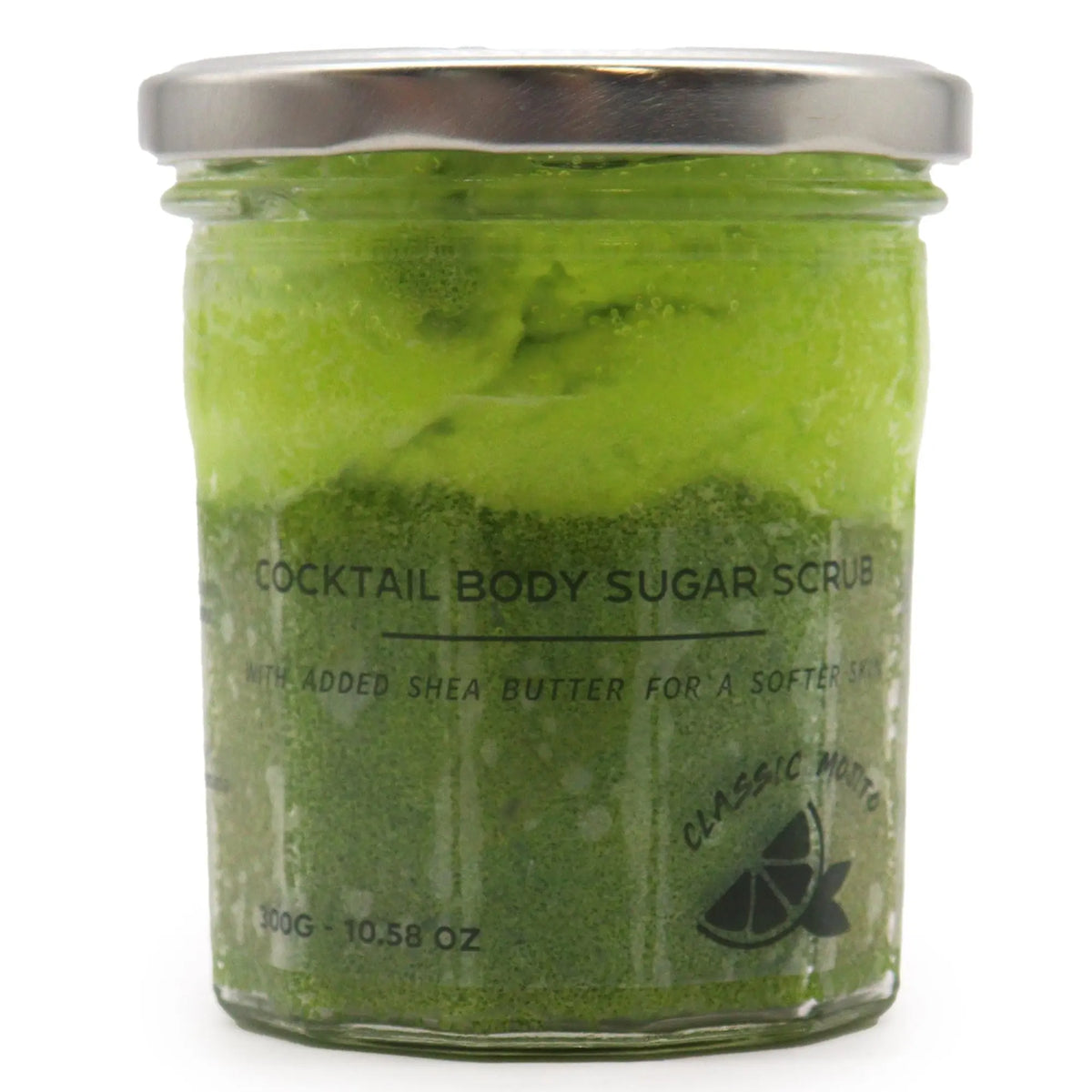 Frasco de vidrio con tapa metálica conteniendo exfoliante corporal de azúcar color verde vibrante aroma mojito de 300g