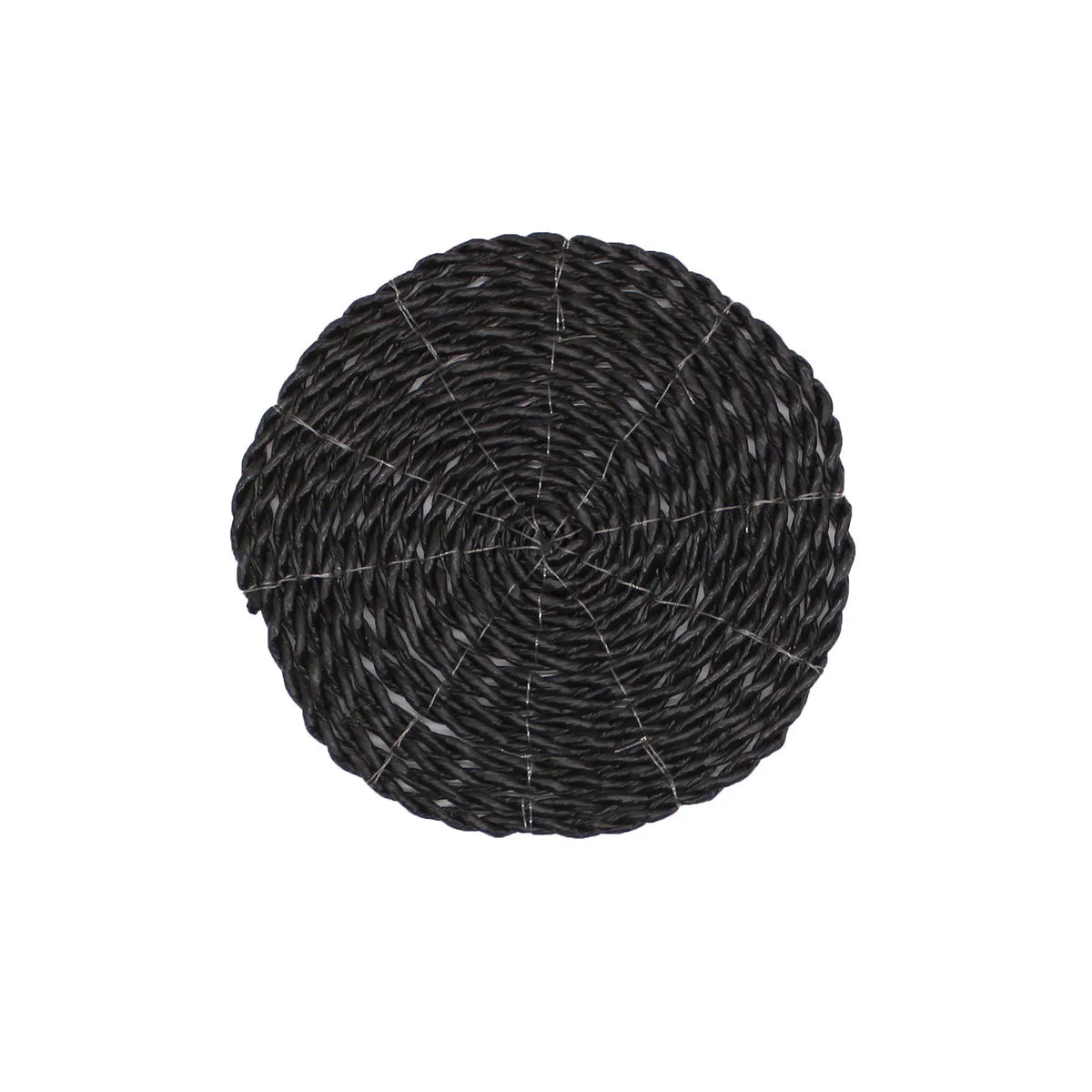 Salvamanteles redondo de ratán negro trenzado, estilo rústico, ideal para mesa de comedor.
