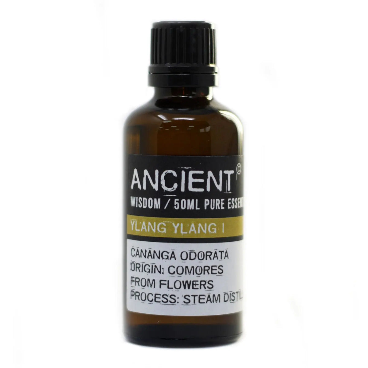 Frasco de vidrio ámbar de 50ml con tapa negra y etiqueta blanca que indica aceite esencial de Ylang Ylang.
