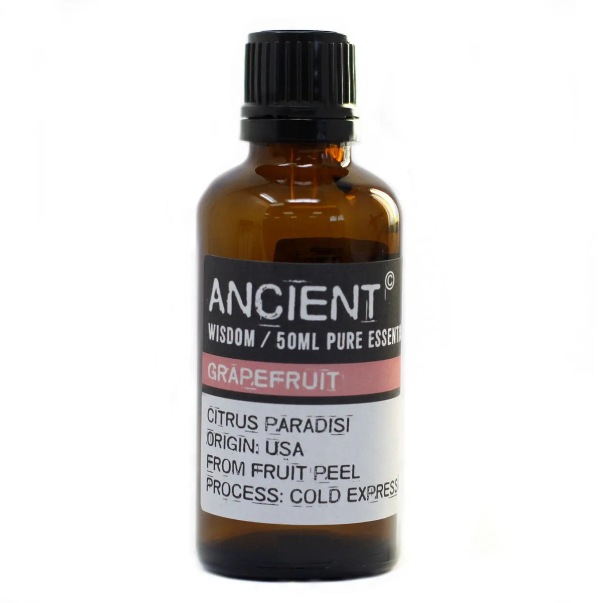 Frasco de vidrio ámbar de 50ml con tapa negra y etiqueta blanca que indica aceite esencial de pomelo (Citrus Paradisi).