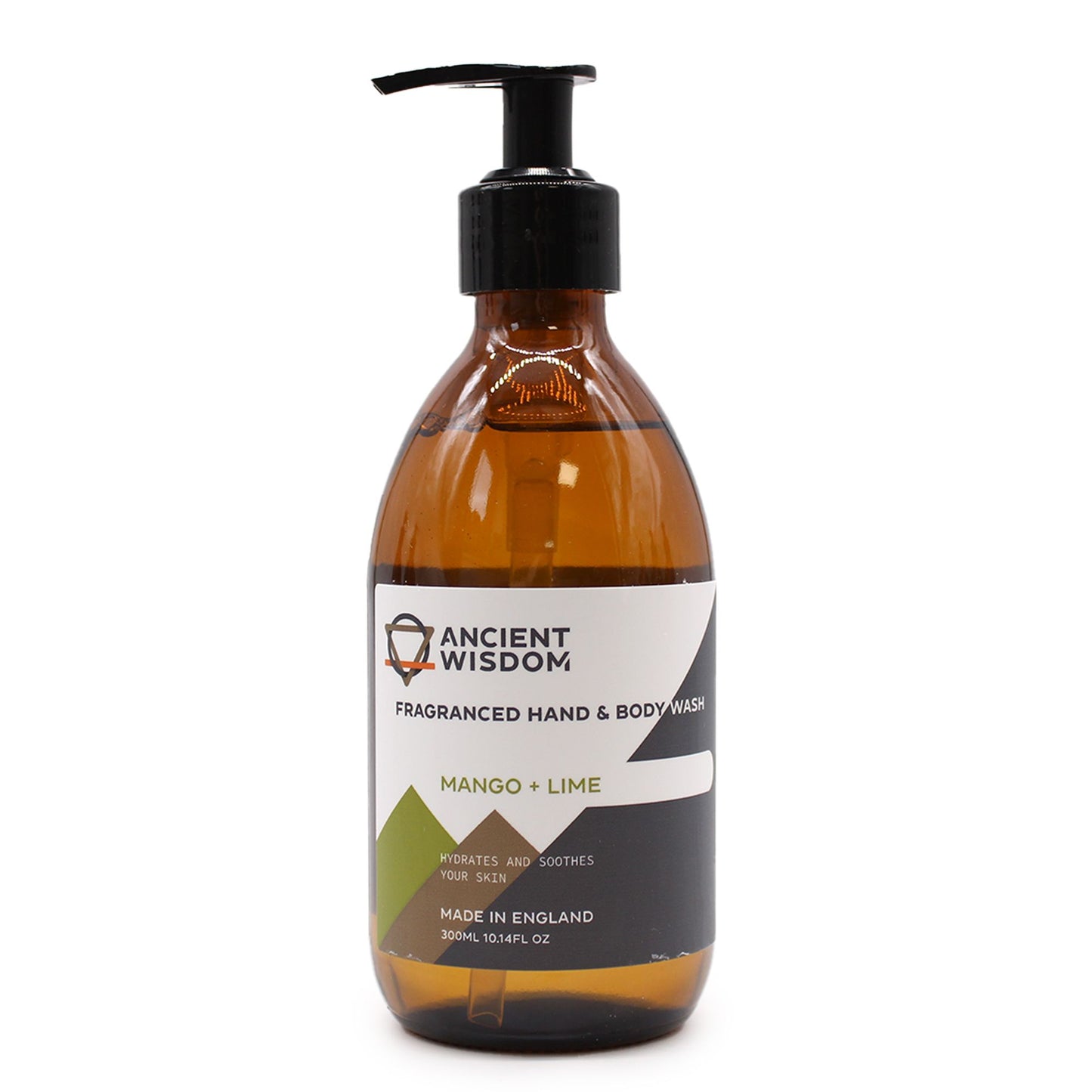 Jabón líquido Ancient Wisdom de mango y lima en frasco de vidrio ámbar de 300ml con dosificador negro.