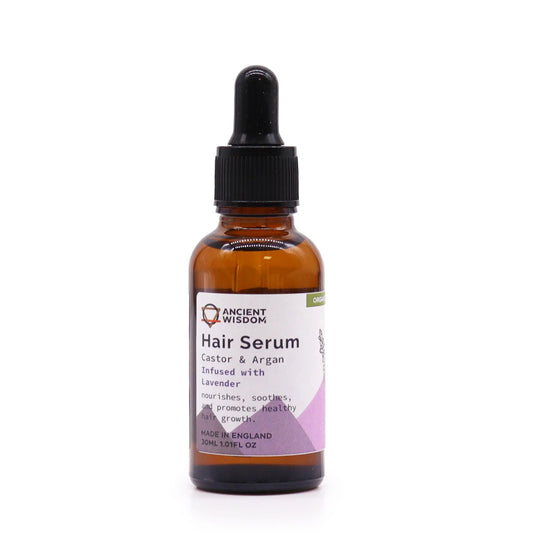 Frasco de vidrio ámbar de 30ml con gotero negro, conteniendo serum capilar de lavanda con etiqueta blanca y morada.