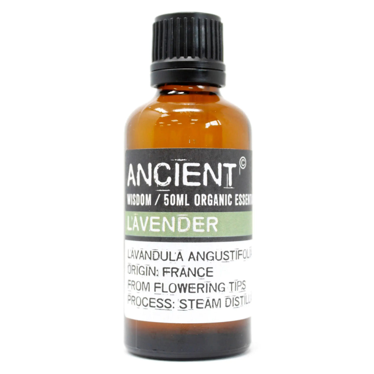 Frasco de vidrio ámbar de 50ml con tapa negra y etiqueta Ancient Wisdom de aceite esencial orgánico de lavanda.