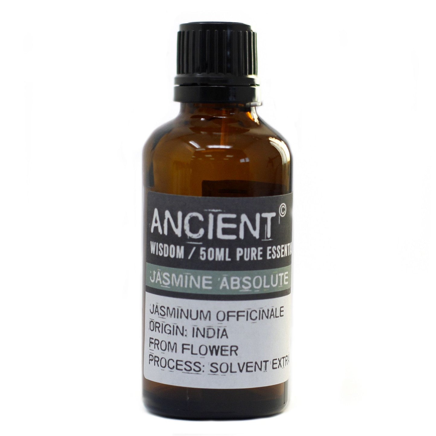 Aceite esencial absoluto de jazmín, 50 ml, envase de vidrio ámbar, origen India, extracción por solvente.