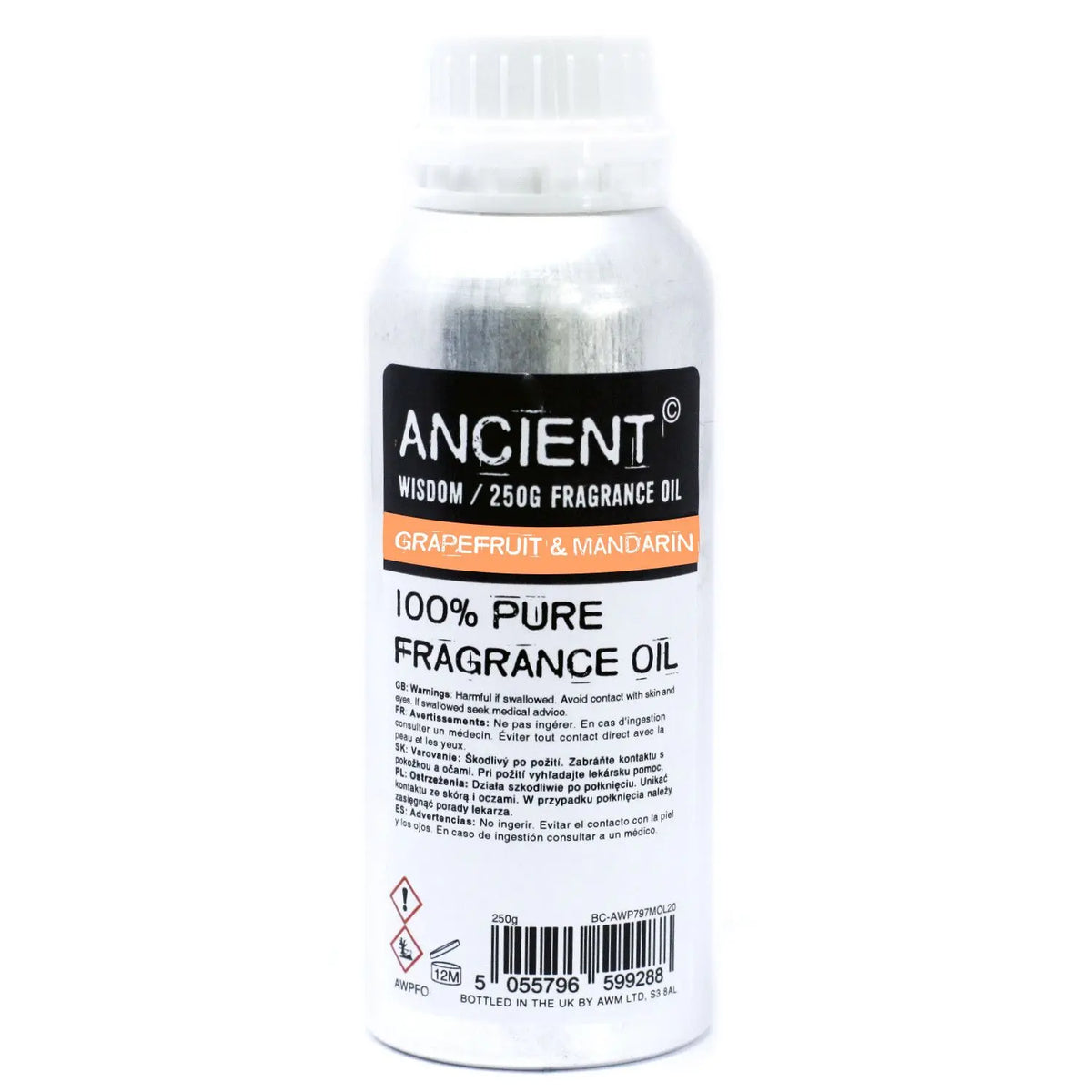 Botella de aluminio de 250g con etiqueta de fragancia de pomelo y mandarina sobre fondo blanco.