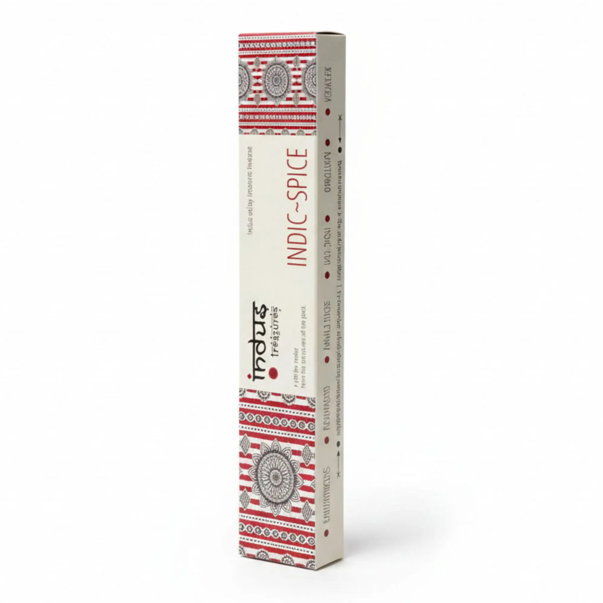 Caja rectangular de incienso con diseño artesanal, tonos crema y detalles decorativos en rojo con motivos florales indios