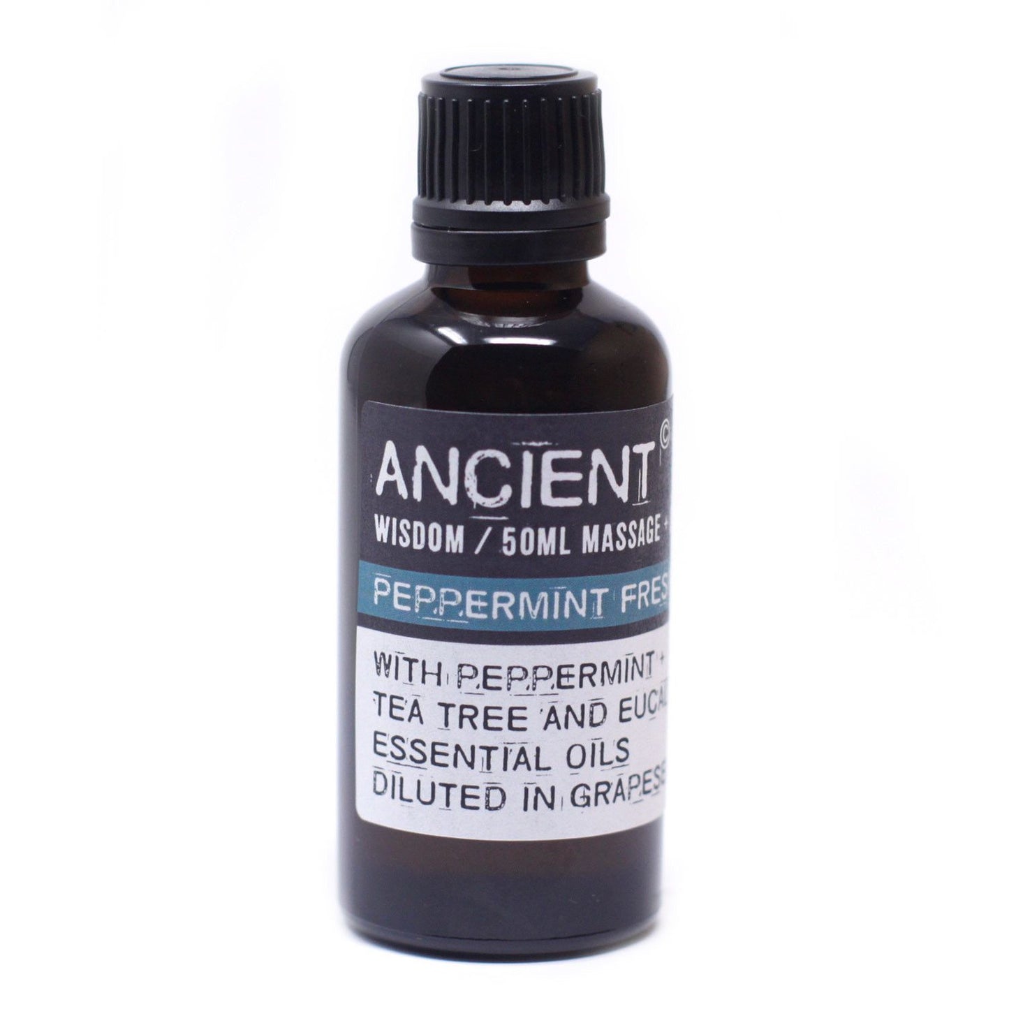 Frasco de vidrio ámbar de 50ml con tapa negra y etiqueta de aceite de masaje de menta sobre fondo blanco.