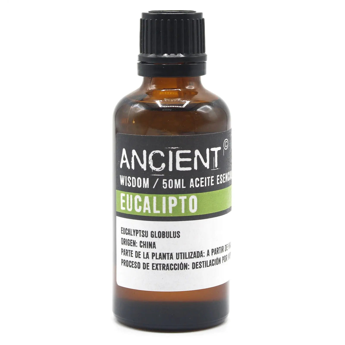 Frasco de vidrio ámbar de 50ml con tapa negra y etiqueta blanca y verde que indica aceite esencial de eucalipto.