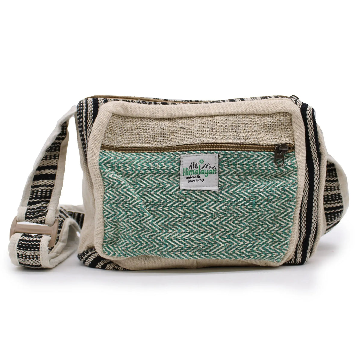 Bolso messenger de cáñamo y algodón, tejido texturizado en beige y verde con detalles a rayas blancas y negras.