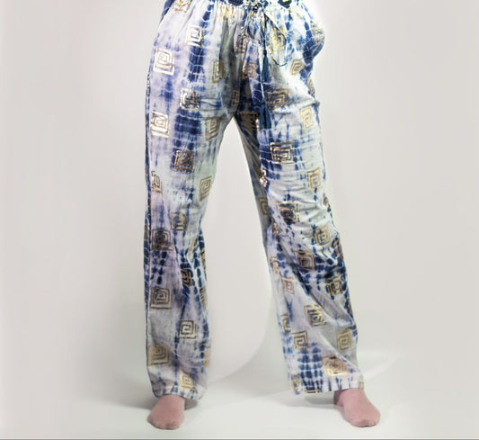 (ML) Colección Nómada Sari Mediterráneo - Pantalones - Motivo Griego en Oro y Azul